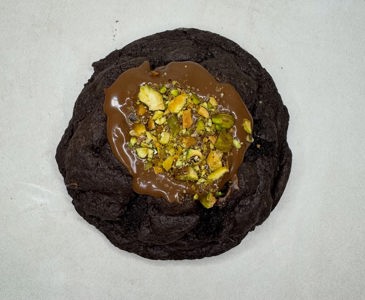 Pistachio cookie butter stuffed chocolate cookie