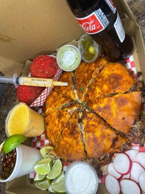 Birria pizza (preorder, includes Mexican pop, elote condiments and dipping sauce