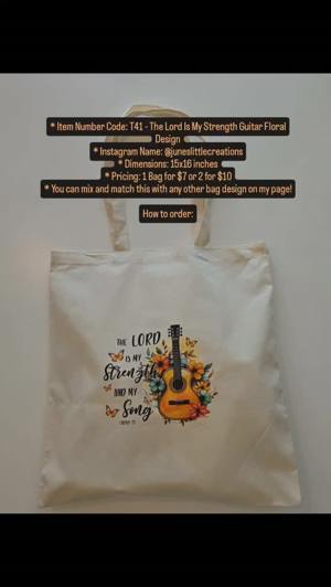 T41 The Lord Is My Strength Guitar Floral tote bag de June's Little Creations