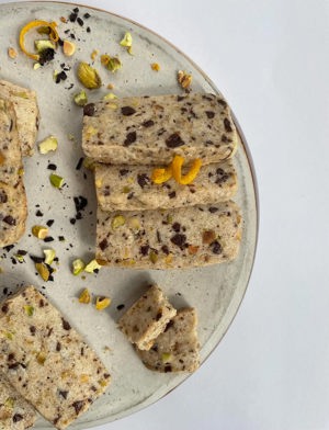 Dark chocolate + pistachio + orange shortbread