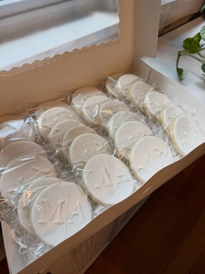 Custom monogram wedding cookies with black accented wedding cake cookies