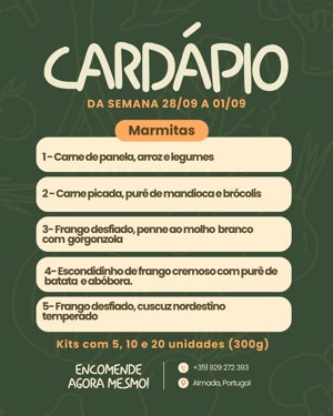 Cardápio semanal de marmitas