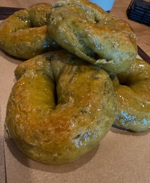 Matcha protein sourdough discard bagels