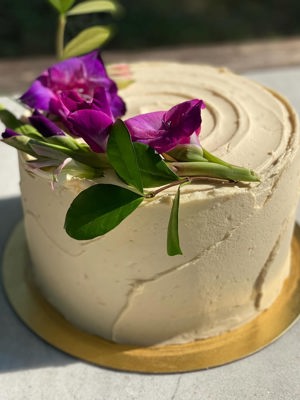 Vanilla bean cake with salted caramel buttercream and raspberry preserves