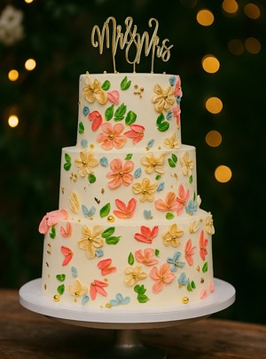 Floral wedding cake in butterscotch flavor by Delish Bakery, Austin TX