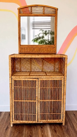 Vintage rattan cabinet, side table and mirror set