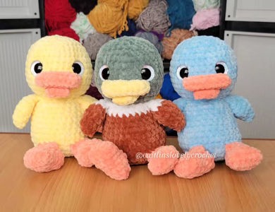 Crochet duck plushies (yellow, blue, mallard)