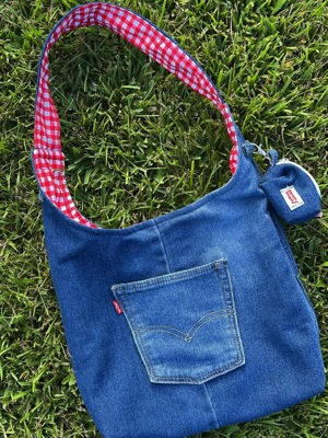 Denim gingham jean bag with mini pouch