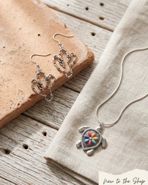 Turtle pendant necklace & barbed wire cactus earrings