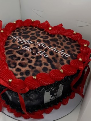 8 inch heart cake with edible image sheets, bows and gold pearls