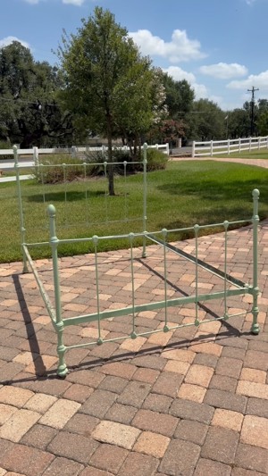Antique Full Size Cast Iron Bed, Mint Green with Wooden Finials
